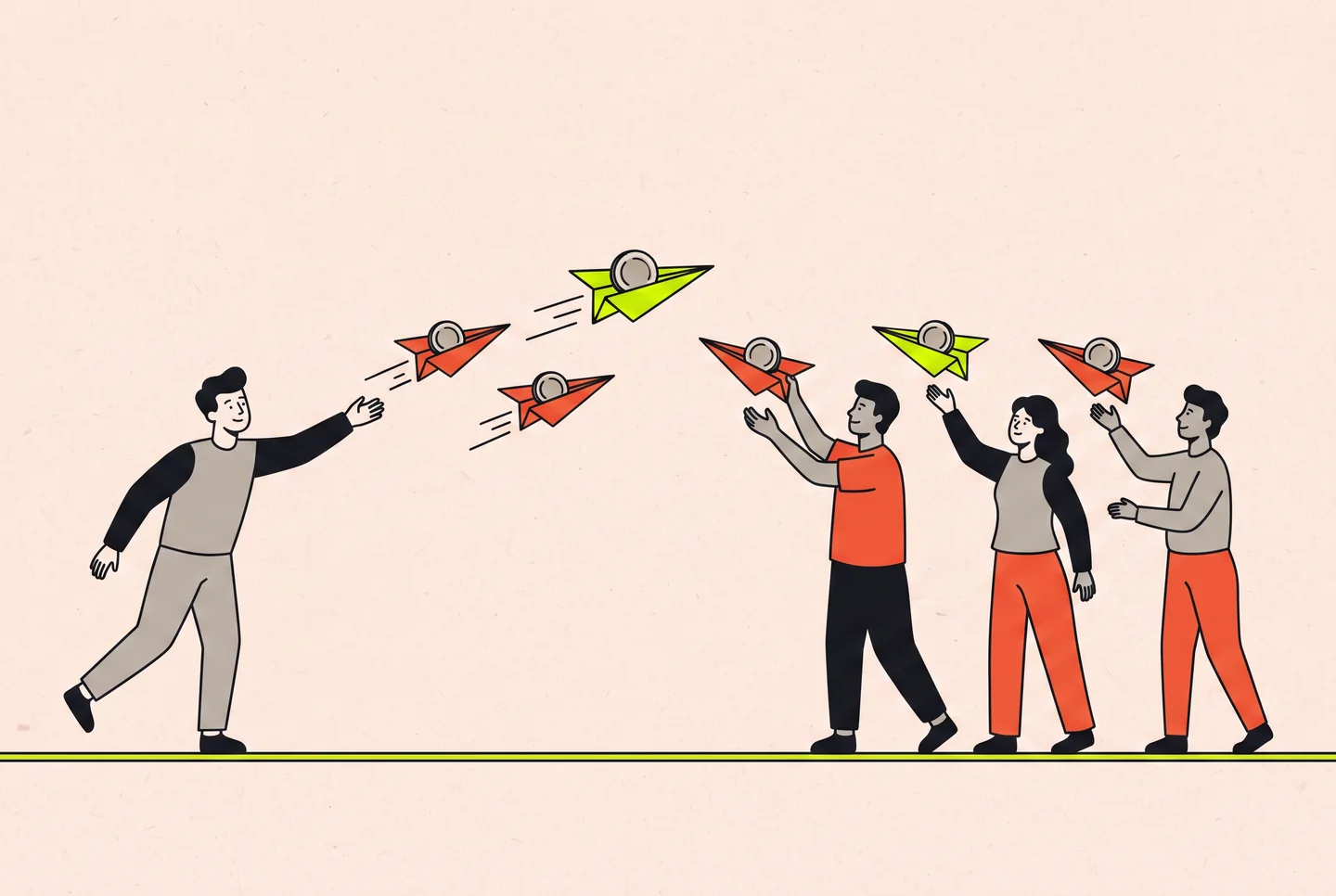 Illustration: a person launching paper planes that each carry a coin to three people waiting to catch them