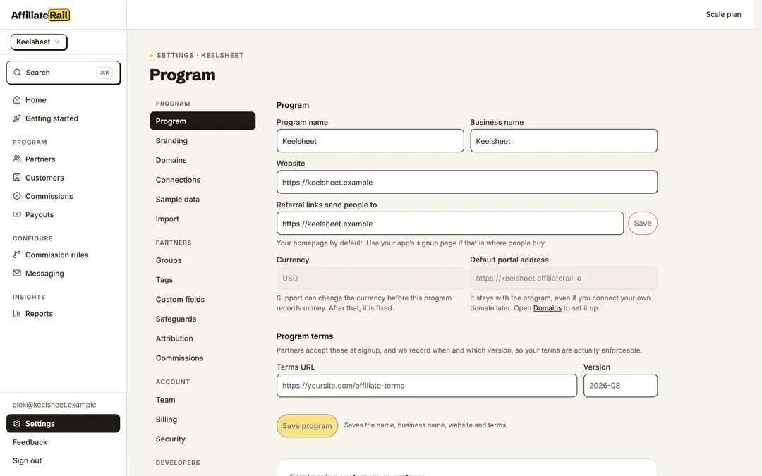 Program settings: the program name, your website, where referral links send people, and your portal address